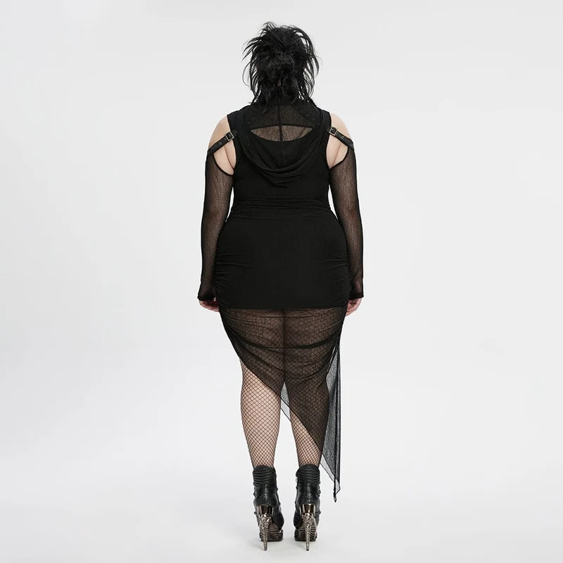 Schwarzes Punk-Partykleid in Übergröße mit unregelmäßigen Raffungen und Kapuzencape