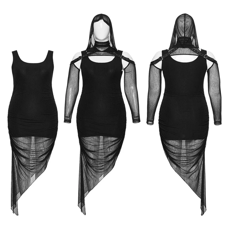 Schwarzes Punk-Partykleid in Übergröße mit unregelmäßigen Raffungen und Kapuzencape