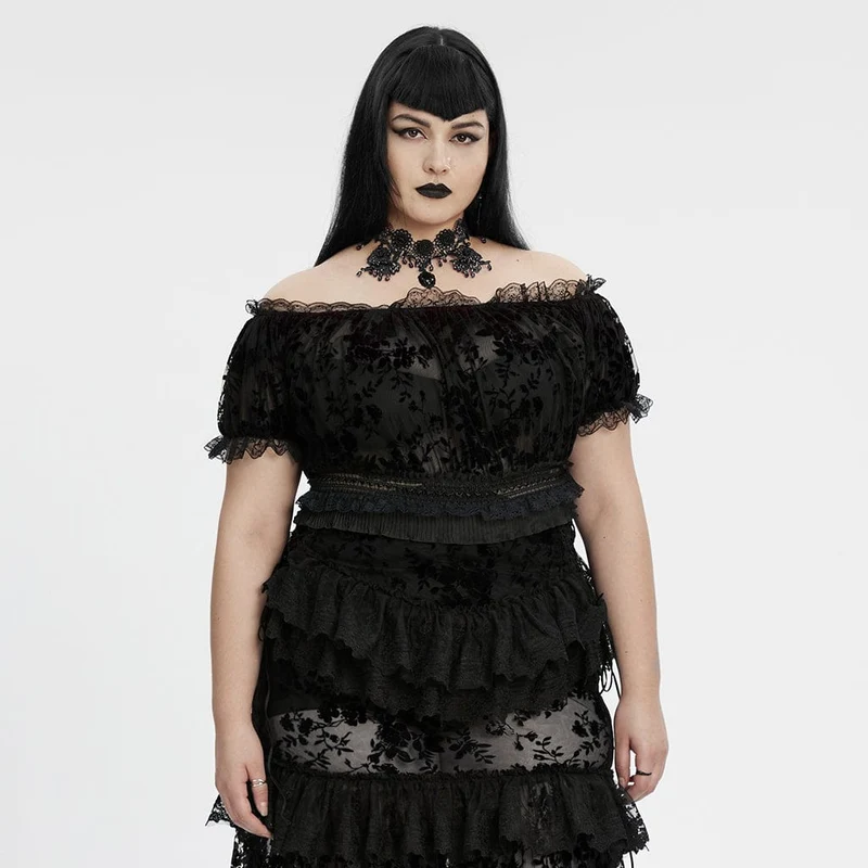 Schwarzes, transparentes Gothic-Hemd in Übergröße mit schulterfreiem Schnitt und Rüschen für Damen.