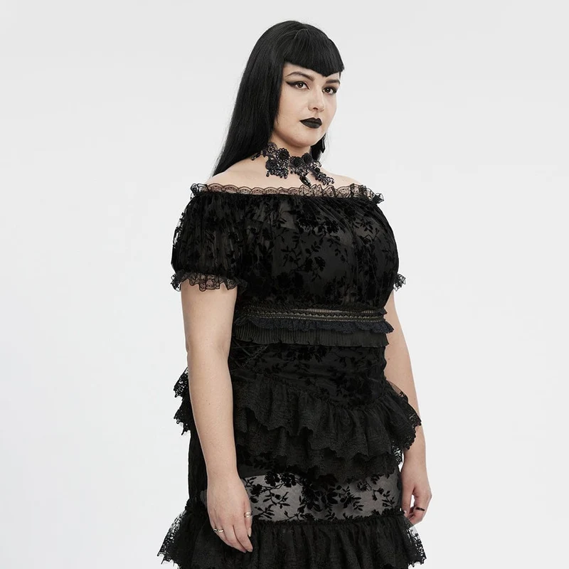 Schwarzes, transparentes Gothic-Hemd in Übergröße mit schulterfreiem Schnitt und Rüschen für Damen.