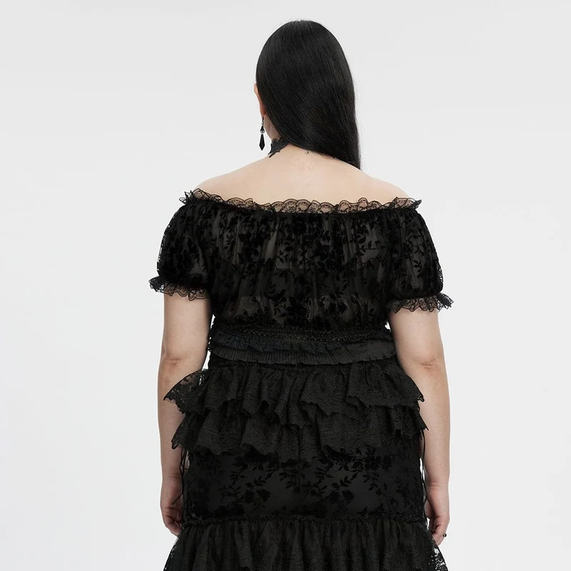 Schwarzes, transparentes Gothic-Hemd in Übergröße mit schulterfreiem Schnitt und Rüschen für Damen.