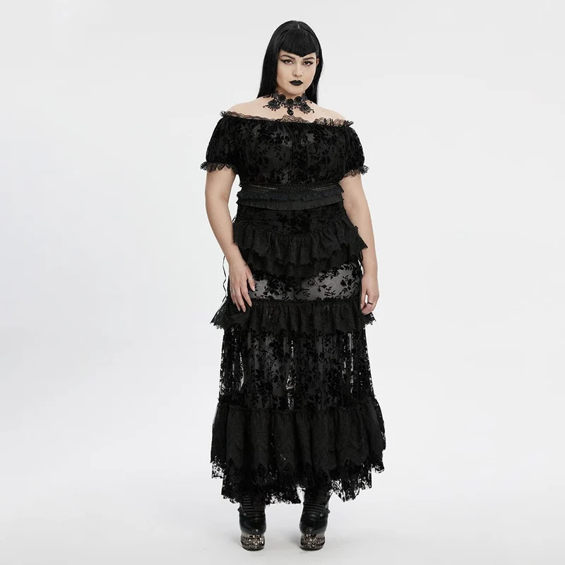 Schwarzes, transparentes Gothic-Hemd in Übergröße mit schulterfreiem Schnitt und Rüschen für Damen.