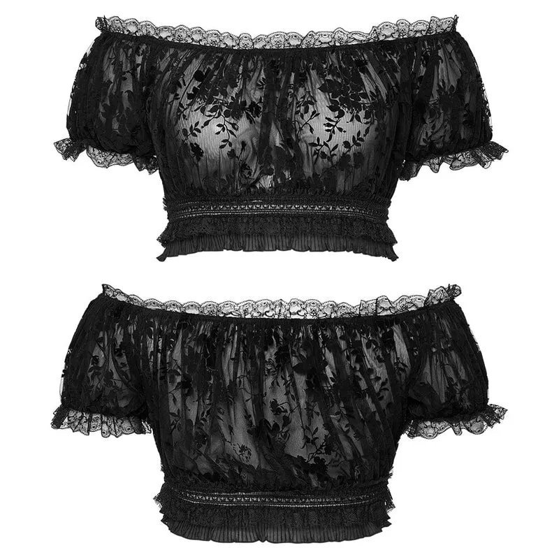 Schwarzes, transparentes Gothic-Hemd in Übergröße mit schulterfreiem Schnitt und Rüschen für Damen.