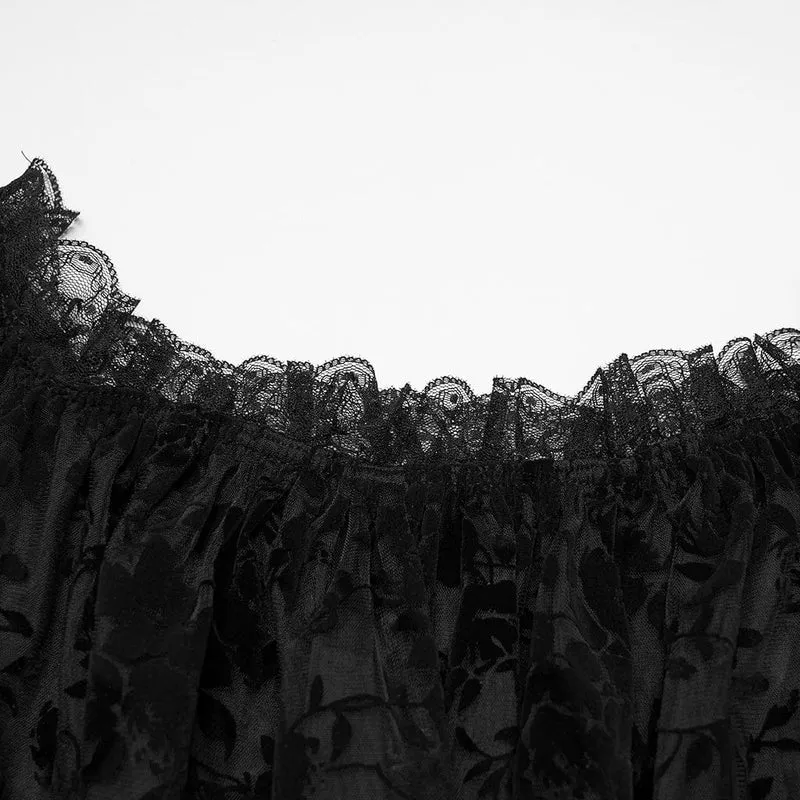 Schwarzes, transparentes Gothic-Hemd in Übergröße mit schulterfreiem Schnitt und Rüschen für Damen.
