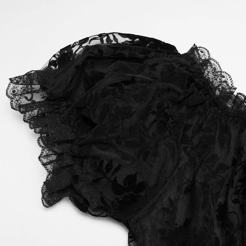 Schwarzes, transparentes Gothic-Hemd in Übergröße mit schulterfreiem Schnitt und Rüschen für Damen.