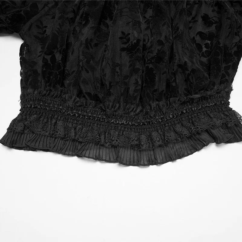 Schwarzes, transparentes Gothic-Hemd in Übergröße mit schulterfreiem Schnitt und Rüschen für Damen.
