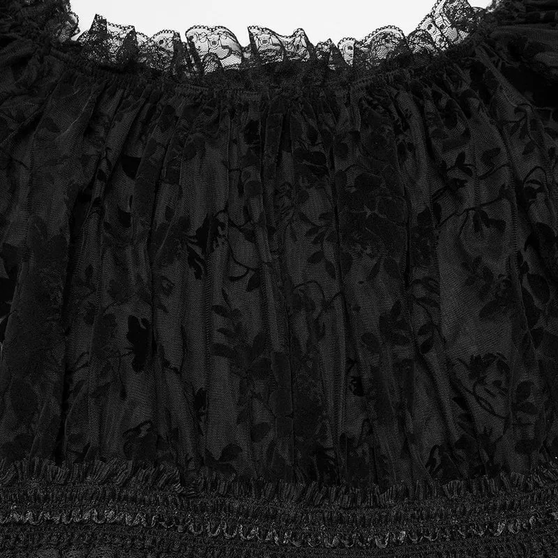 Schwarzes, transparentes Gothic-Hemd in Übergröße mit schulterfreiem Schnitt und Rüschen für Damen.