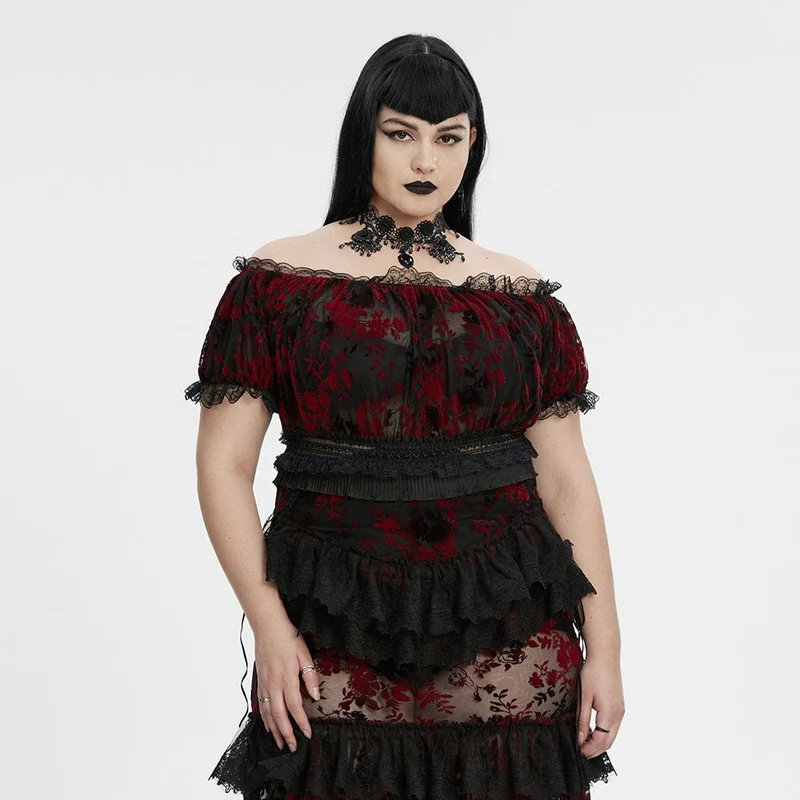 Gothic-Bluse in Übergröße für Damen, schulterfrei, Rüschen, transparent, schwarz-rot