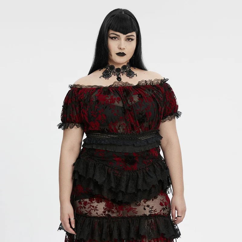 Gothic-Bluse in Übergröße für Damen, schulterfrei, Rüschen, transparent, schwarz-rot