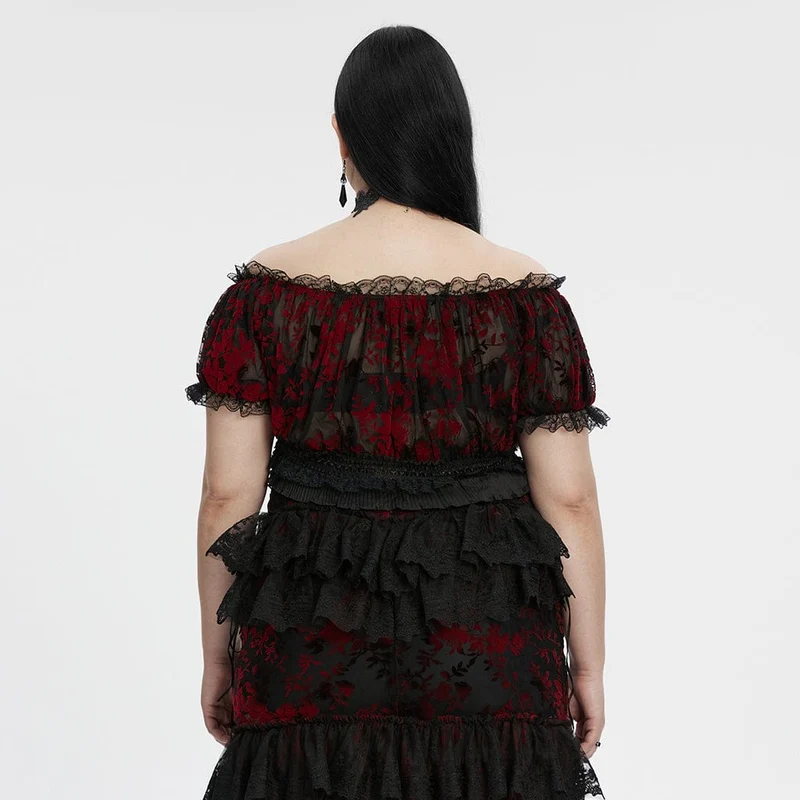 Gothic-Bluse in Übergröße für Damen, schulterfrei, Rüschen, transparent, schwarz-rot