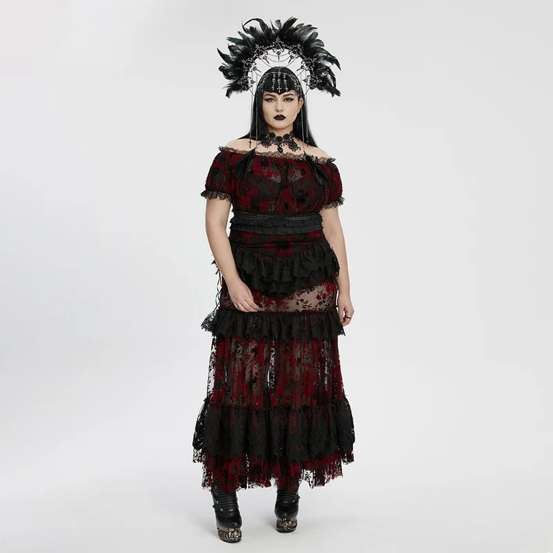 Gothic-Bluse in Übergröße für Damen, schulterfrei, Rüschen, transparent, schwarz-rot