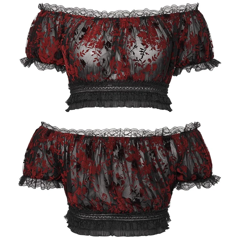 Gothic-Bluse in Übergröße für Damen, schulterfrei, Rüschen, transparent, schwarz-rot