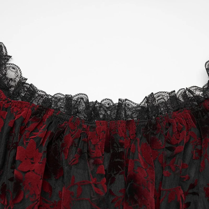 Gothic-Bluse in Übergröße für Damen, schulterfrei, Rüschen, transparent, schwarz-rot