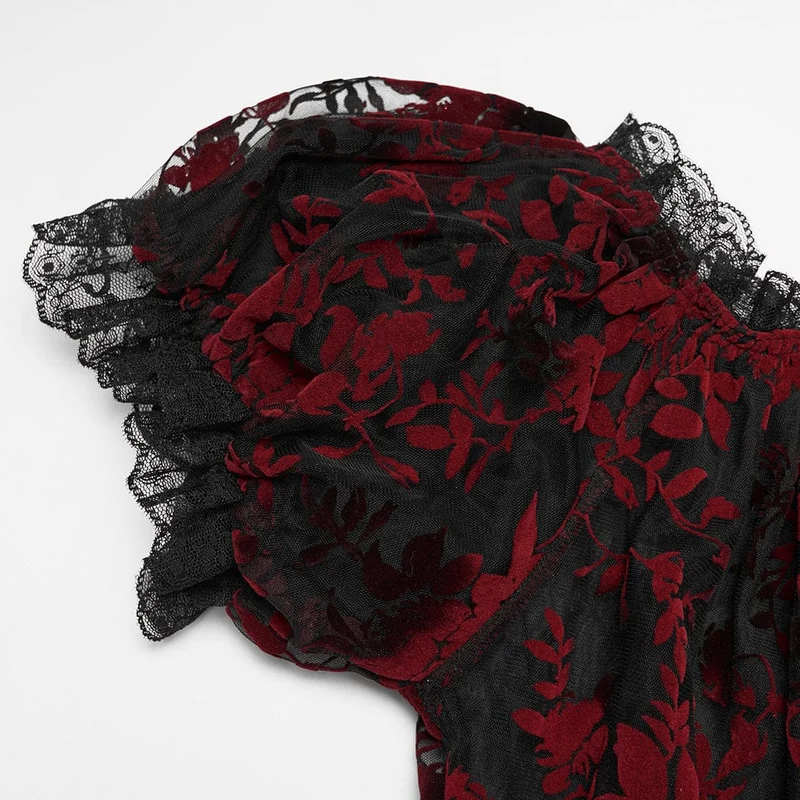 Gothic-Bluse in Übergröße für Damen, schulterfrei, Rüschen, transparent, schwarz-rot