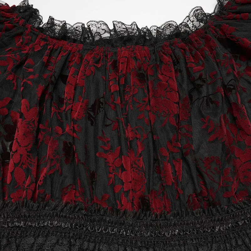 Gothic-Bluse in Übergröße für Damen, schulterfrei, Rüschen, transparent, schwarz-rot