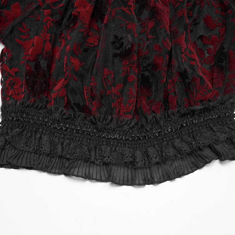 Gothic-Bluse in Übergröße für Damen, schulterfrei, Rüschen, transparent, schwarz-rot