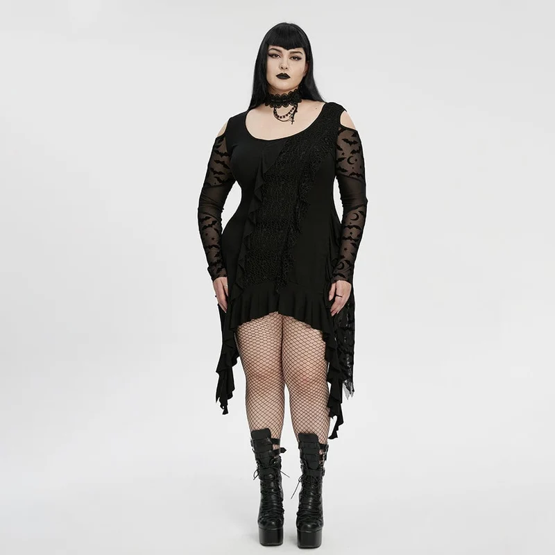 Gothic-Hexenkleid für Damen in Übergröße, unregelmäßig geschnitten, schulterfrei, mit Rüschen