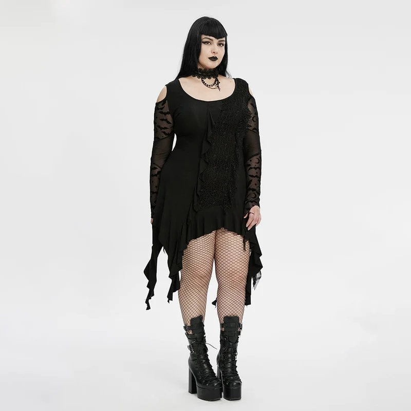 Gothic-Hexenkleid für Damen in Übergröße, unregelmäßig geschnitten, schulterfrei, mit Rüschen