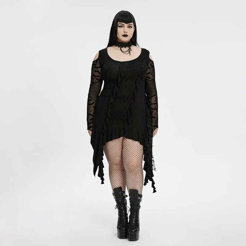 Gothic-Hexenkleid für Damen in Übergröße, unregelmäßig geschnitten, schulterfrei, mit Rüschen