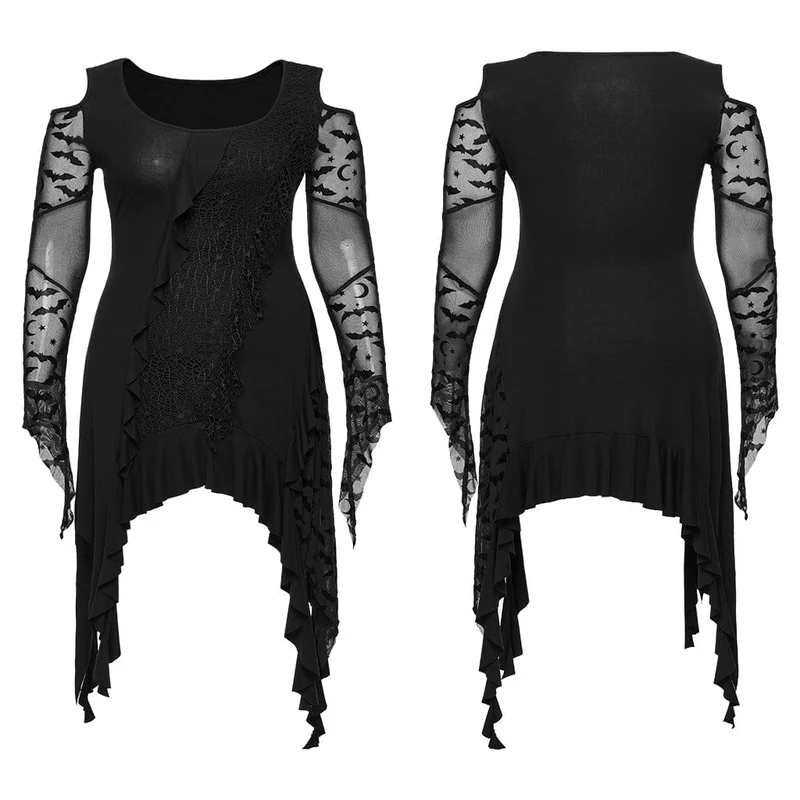Gothic-Hexenkleid für Damen in Übergröße, unregelmäßig geschnitten, schulterfrei, mit Rüschen