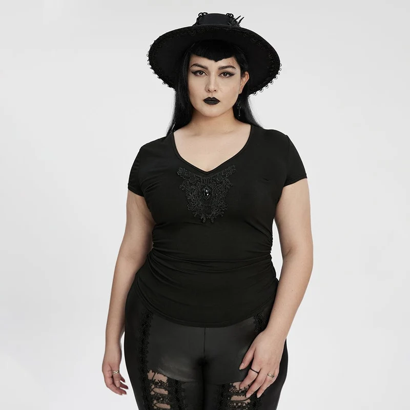 Gothic-T-Shirt für Damen in Übergröße mit tiefem Ausschnitt und Blumenstickerei