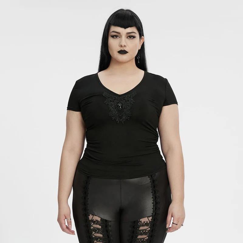 Gothic-T-Shirt für Damen in Übergröße mit tiefem Ausschnitt und Blumenstickerei