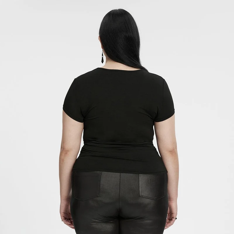Gothic-T-Shirt für Damen in Übergröße mit tiefem Ausschnitt und Blumenstickerei