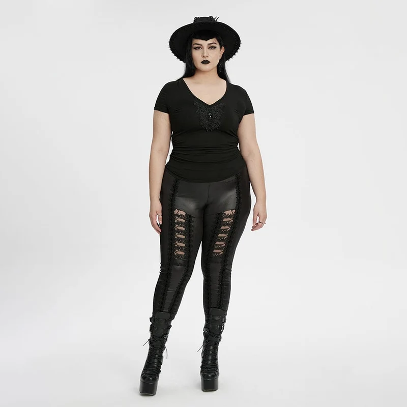 Gothic-T-Shirt für Damen in Übergröße mit tiefem Ausschnitt und Blumenstickerei