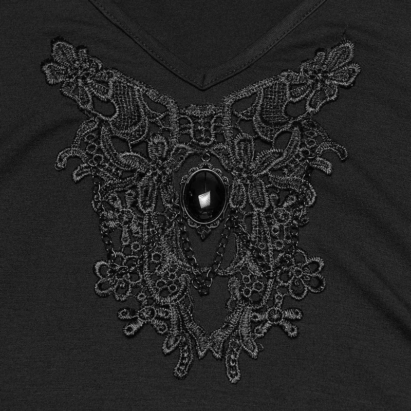 Gothic-T-Shirt für Damen in Übergröße mit tiefem Ausschnitt und Blumenstickerei