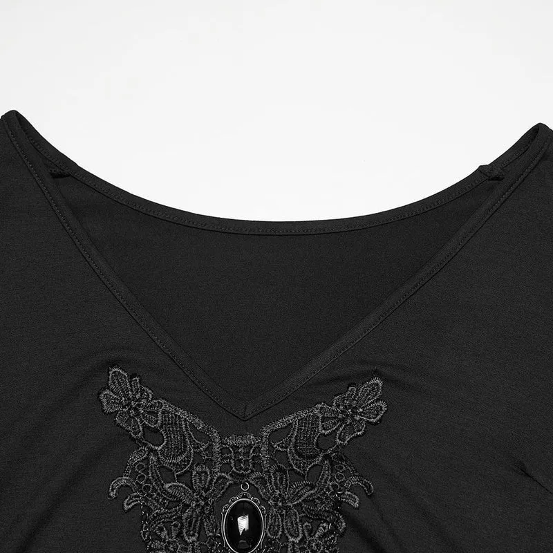 Gothic-T-Shirt für Damen in Übergröße mit tiefem Ausschnitt und Blumenstickerei
