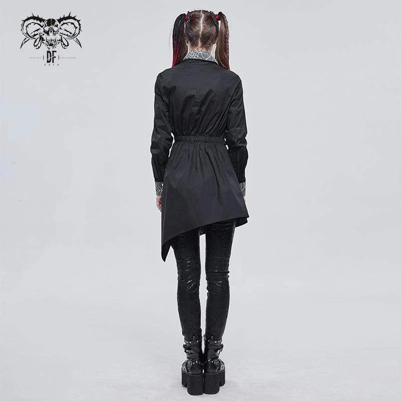 Damen Gothic Mesh Splice Unregelmäßiges Rüschenhemd Schwarz