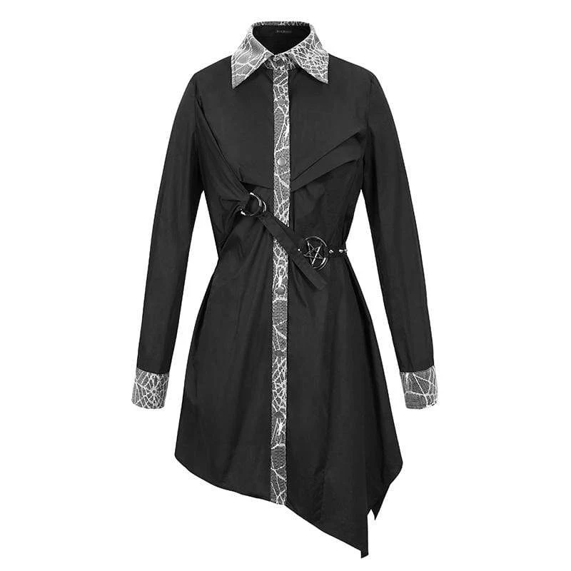 Damen Gothic Mesh Splice Unregelmäßiges Rüschenhemd Schwarz