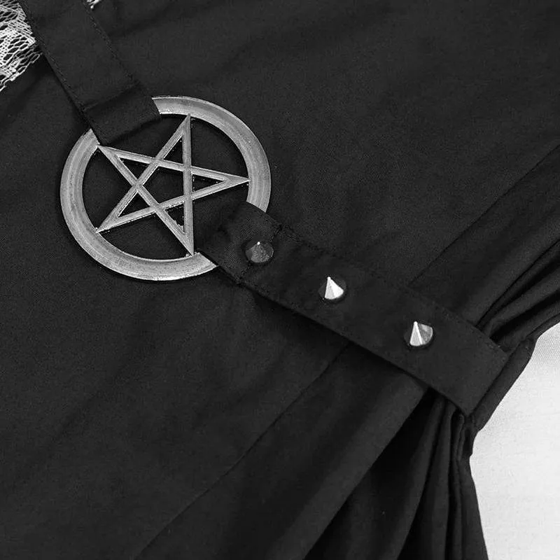Damen Gothic Mesh Splice Unregelmäßiges Rüschenhemd Schwarz