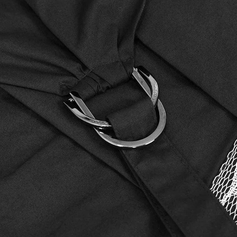 Damen Gothic Mesh Splice Unregelmäßiges Rüschenhemd Schwarz