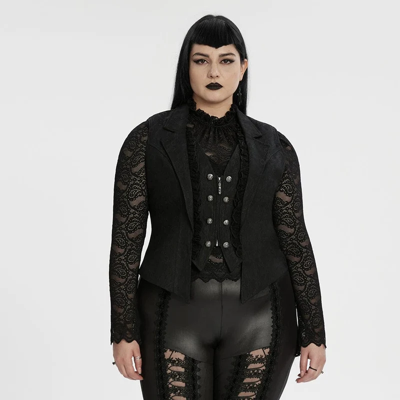 Gothic-Weste für Damen in Übergröße mit Rüschen und Spitzeneinsatz am Revers