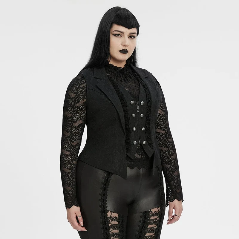Gothic-Weste für Damen in Übergröße mit Rüschen und Spitzeneinsatz am Revers