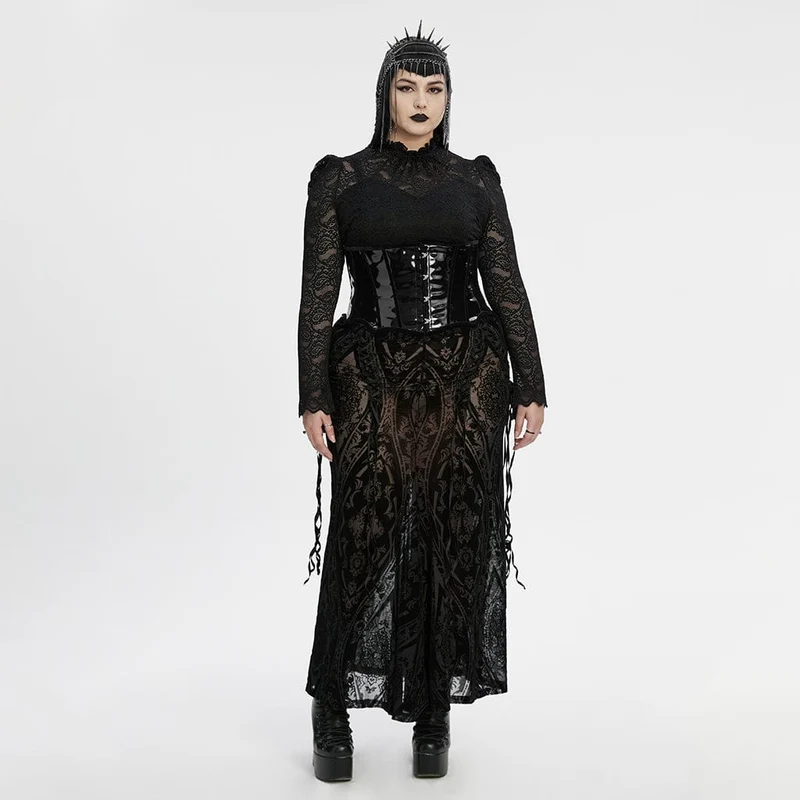 Gothic-Rock für Damen in Übergröße mit Schnürung, aus transparentem, beflocktem Netzstoff