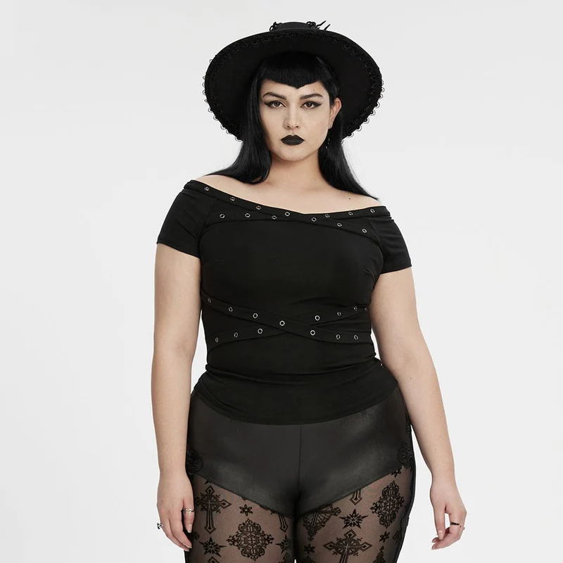 Gothic-Shirt für Damen in Übergröße mit schulterfreiem Ausschnitt und Ösenriemen
