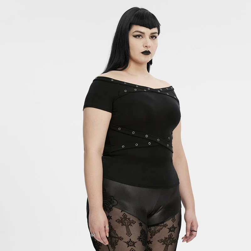 Gothic-Shirt für Damen in Übergröße mit schulterfreiem Ausschnitt und Ösenriemen