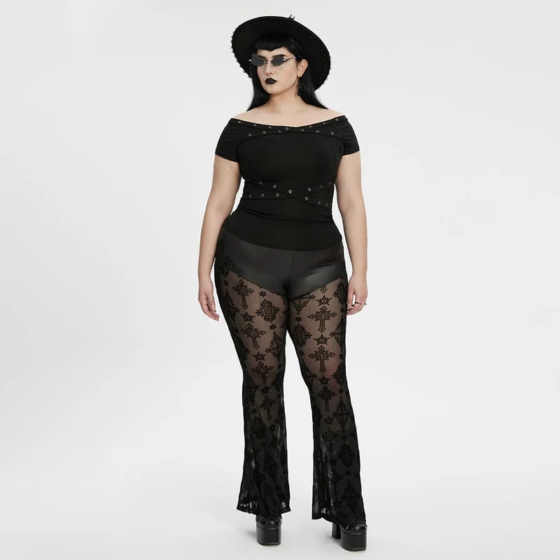 Gothic-Shirt für Damen in Übergröße mit schulterfreiem Ausschnitt und Ösenriemen