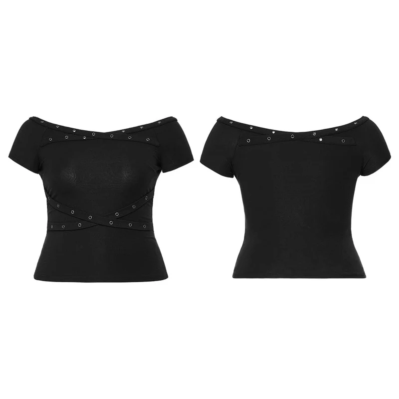 Gothic-Shirt für Damen in Übergröße mit schulterfreiem Ausschnitt und Ösenriemen