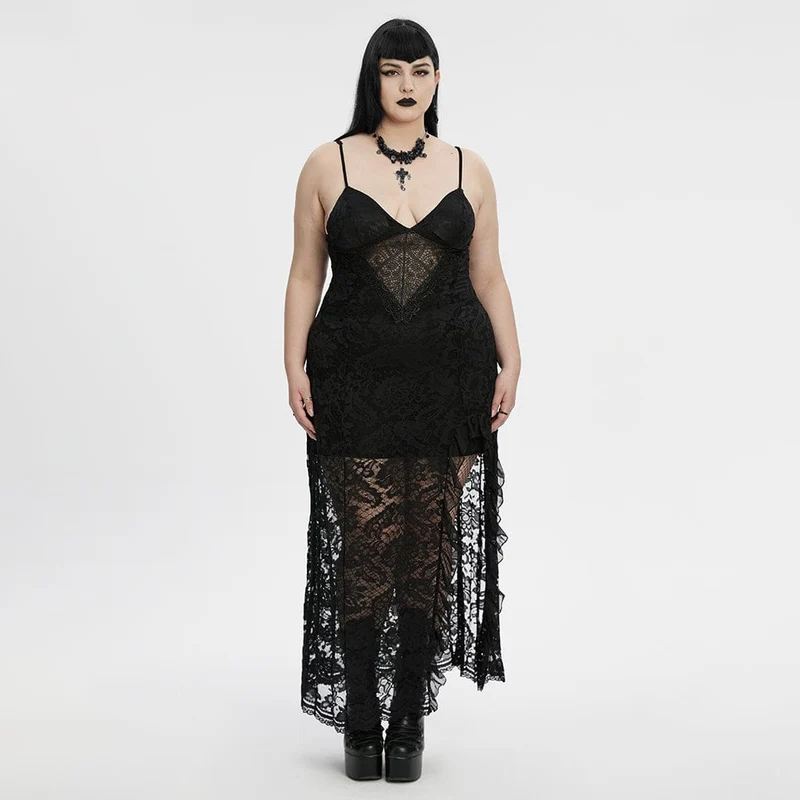 Gothic-Abendkleid aus Spitze in Übergröße für Damen mit tiefem Ausschnitt und Schlitz