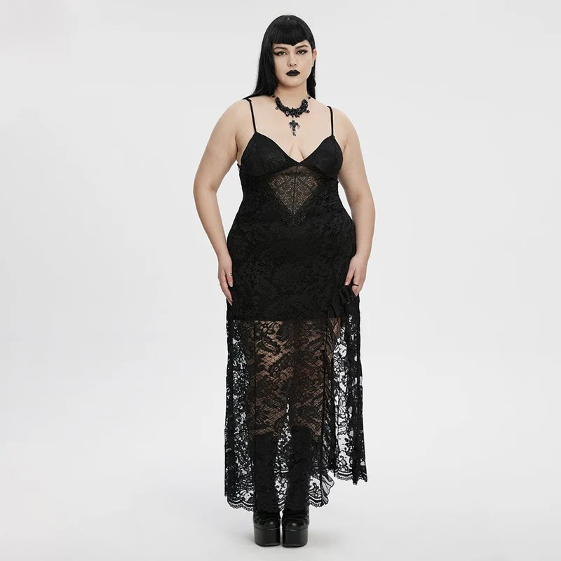 Gothic-Abendkleid aus Spitze in Übergröße für Damen mit tiefem Ausschnitt und Schlitz