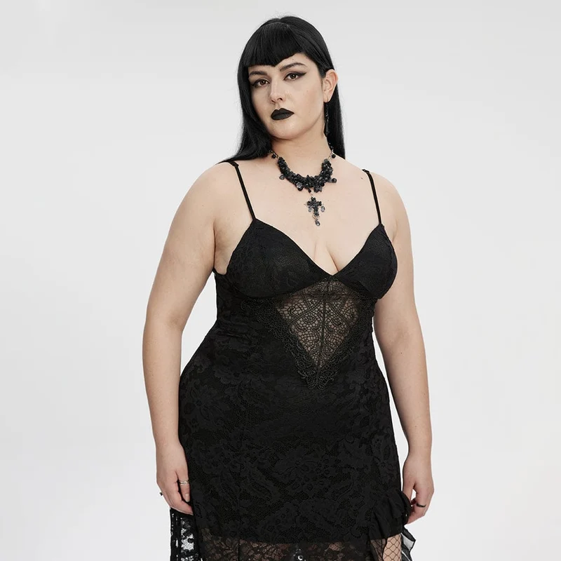 Gothic-Abendkleid aus Spitze in Übergröße für Damen mit tiefem Ausschnitt und Schlitz