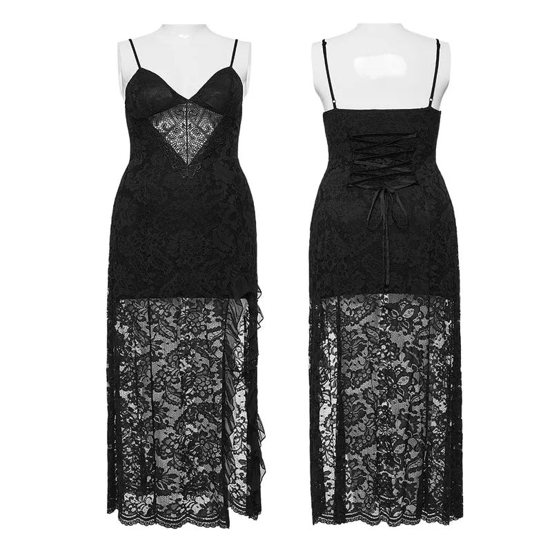 Gothic-Abendkleid aus Spitze in Übergröße für Damen mit tiefem Ausschnitt und Schlitz