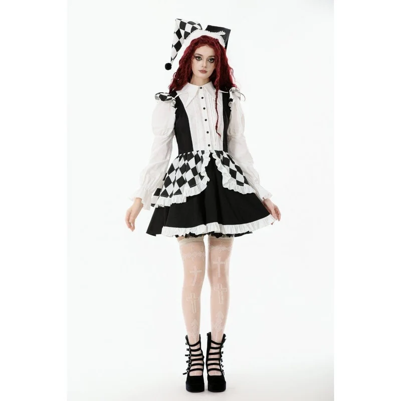 Gothic-Kleid mit Harlekin-Puffärmeln in Kontrastfarbe für Damen