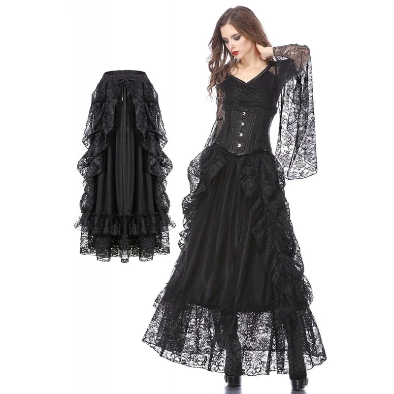Mehrschichtiger Gothic-Spitzen-Maxirock für Damen
