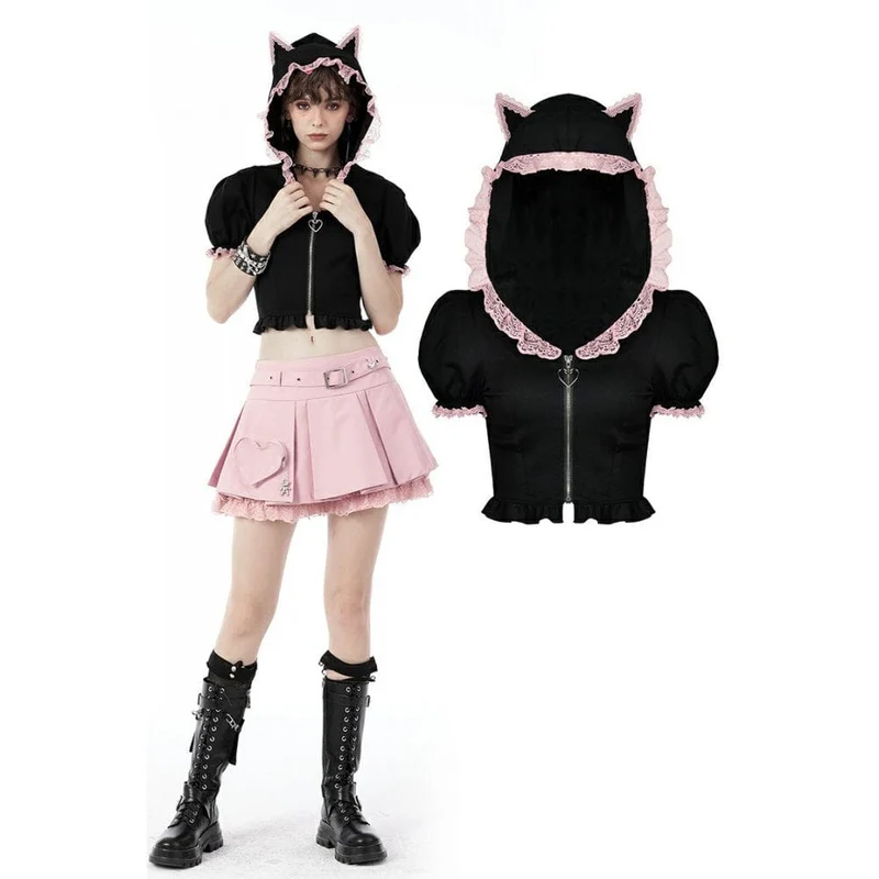 Kurzärmliges Lolita-Crop-Top mit Frontreißverschluss und Katzenkapuze