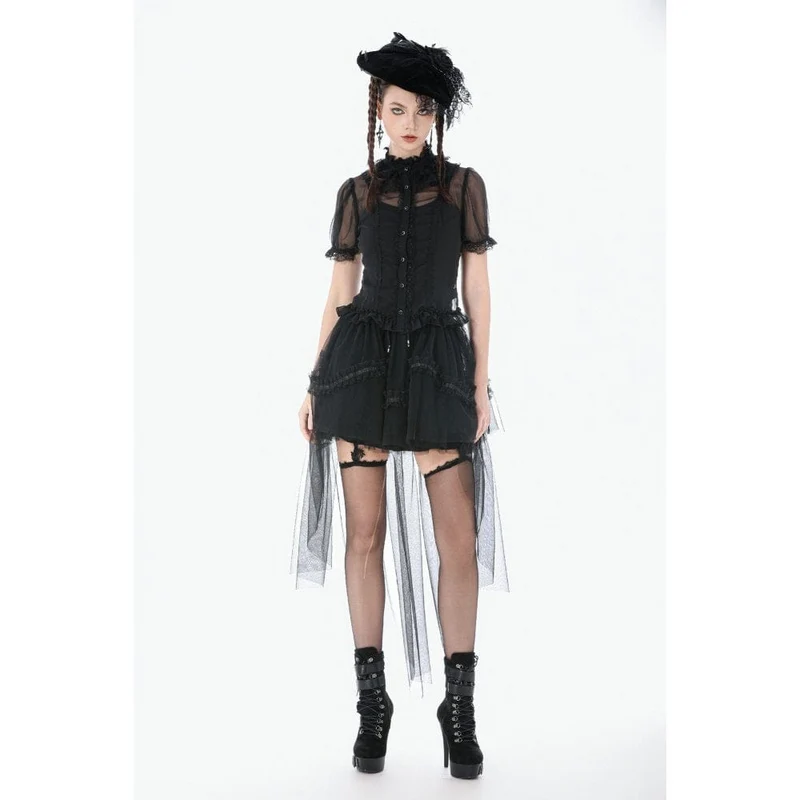 Gothic-Mesh-T-Shirt für Damen, transparent, gerüscht, kurzärmelig