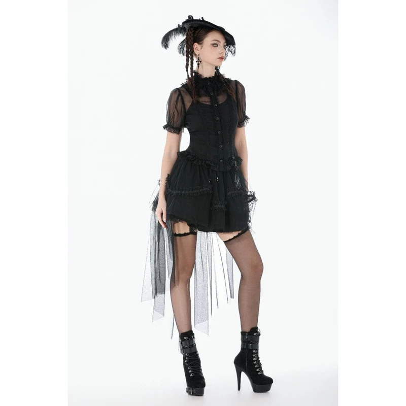 Gothic-Mesh-T-Shirt für Damen, transparent, gerüscht, kurzärmelig